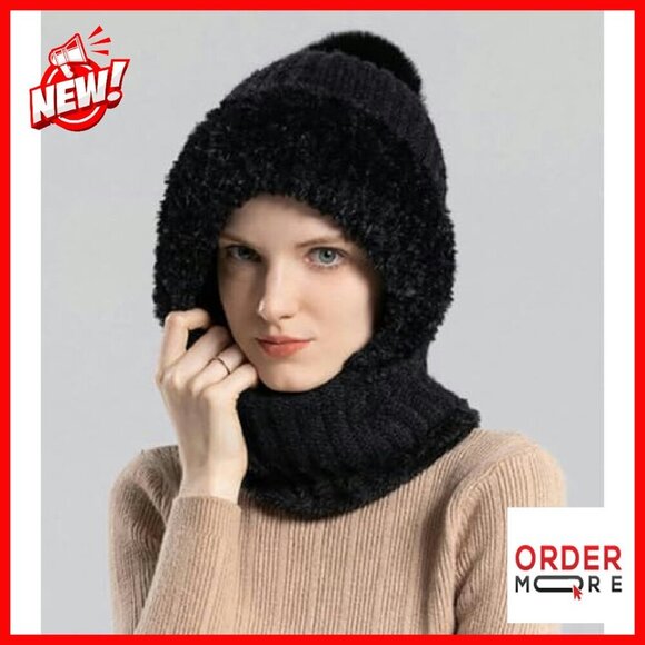 Fleece Lined Knit Beanie Hat Scarf Mask Set Pompom Winter Warm